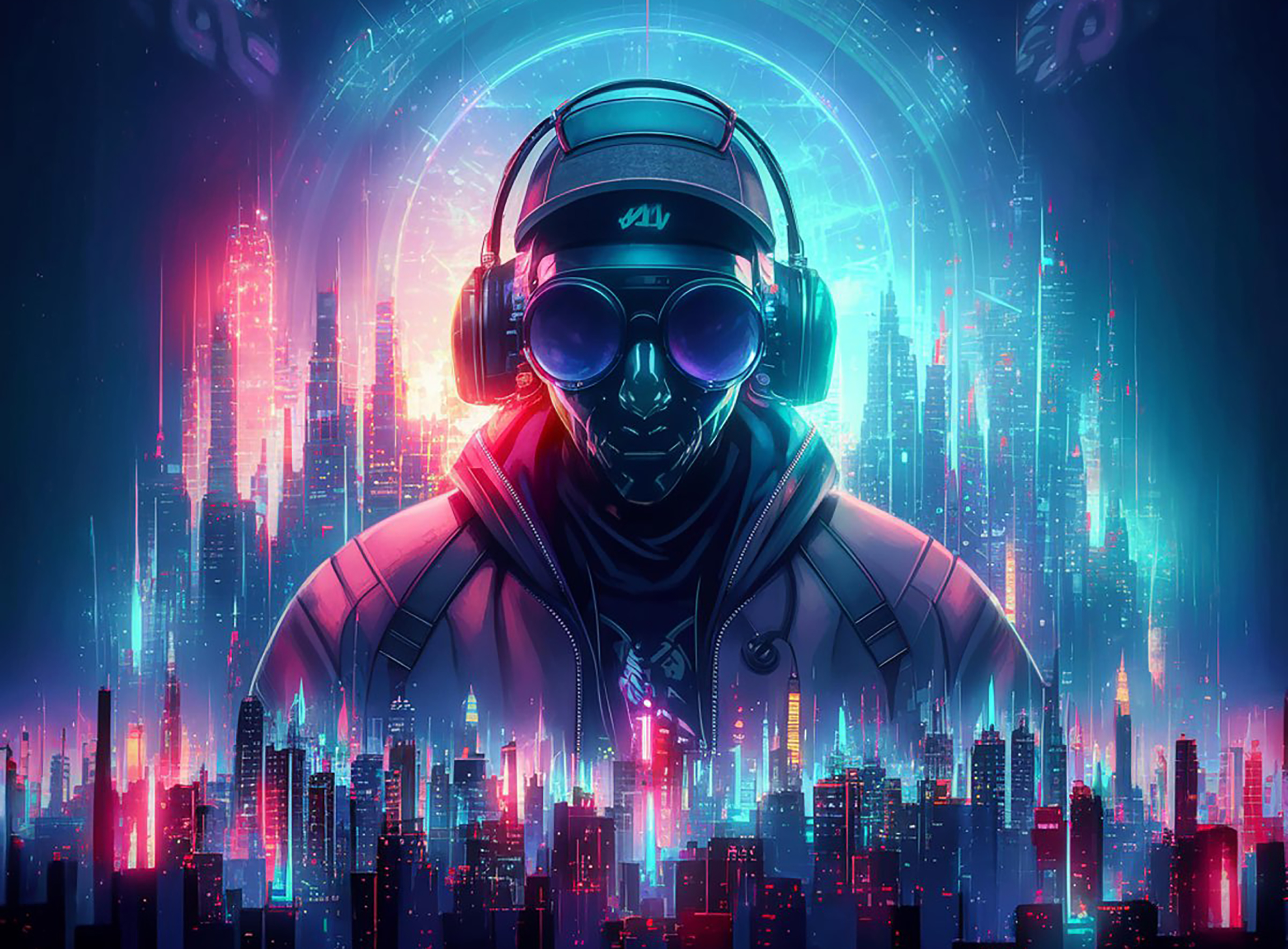 Man with headphones illuminated over city skyline.