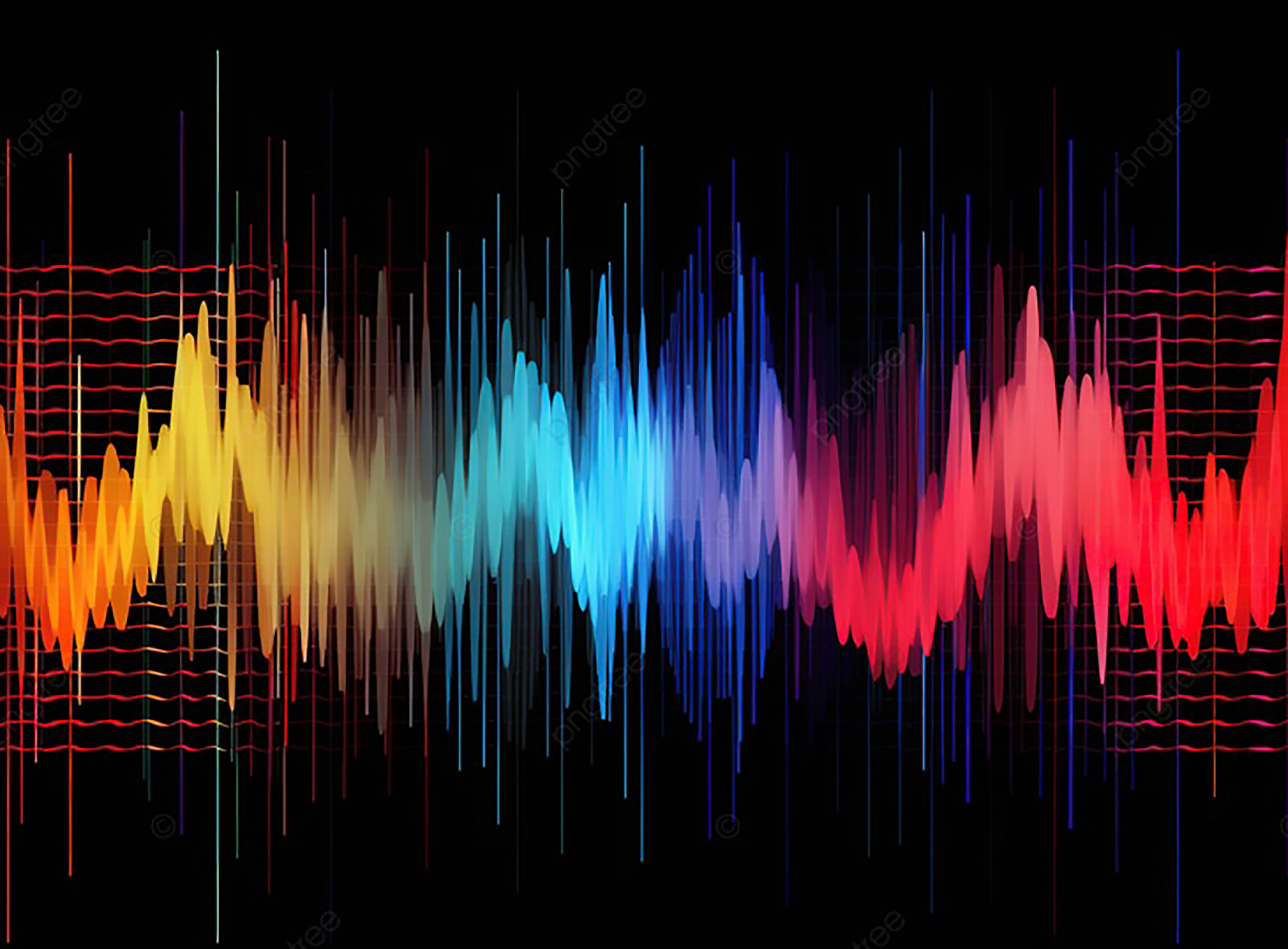 red, blue, and yellow sound waves.